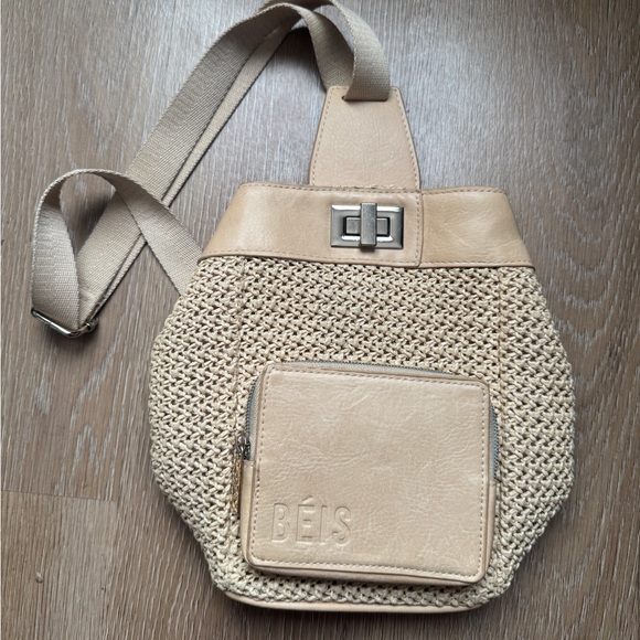 BEIS Tan and Cream Backpack with Woven Texture. THE NATURALS SLING IN BEIGE - Picture 12 of 13